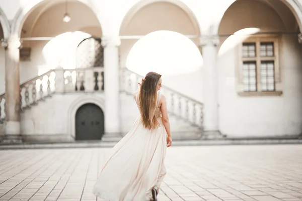 Menina bonita, modelo com cabelos longos posando em castelo velho perto de colunas. Cracóvia Vavel — Fotografia de Stock