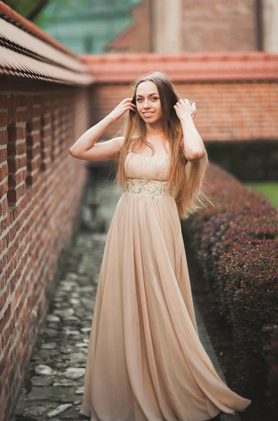 Красива сексуальна дівчина з довгим волоссям і платтям ідеальної форми танізоване тіло, що має біля стіни — стокове фото