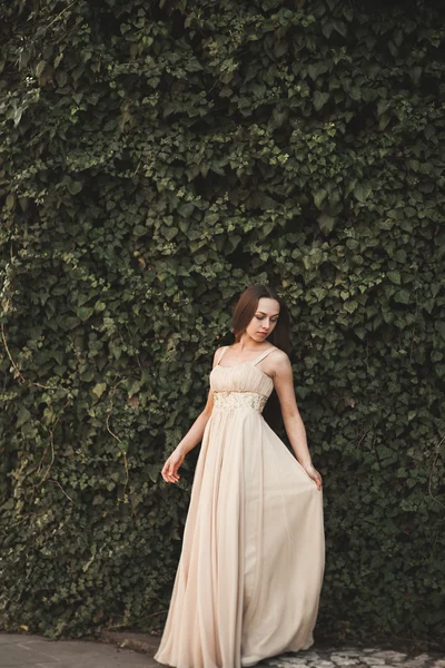 Hermosa chica, modelo cerca de la pared de hojas y arbustos en el parque — Foto de Stock