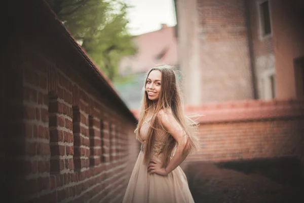Belle fille sexy avec des cheveux longs et robe forme parfaite corps bronzé posant près du mur — Photo