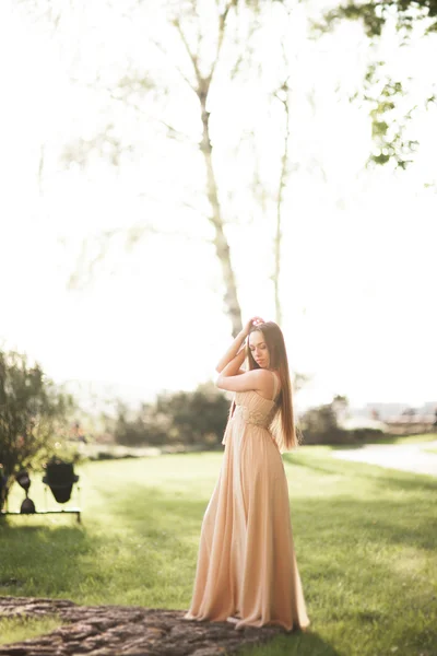 Aantrekkelijke jonge vrouw met lange jurk genieten van haar tijd buiten in park zonsondergang achtergrond — Stockfoto