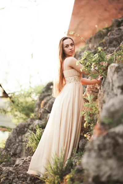 Aantrekkelijke jonge vrouw in lange jurk staande op de rotsen — Stockfoto