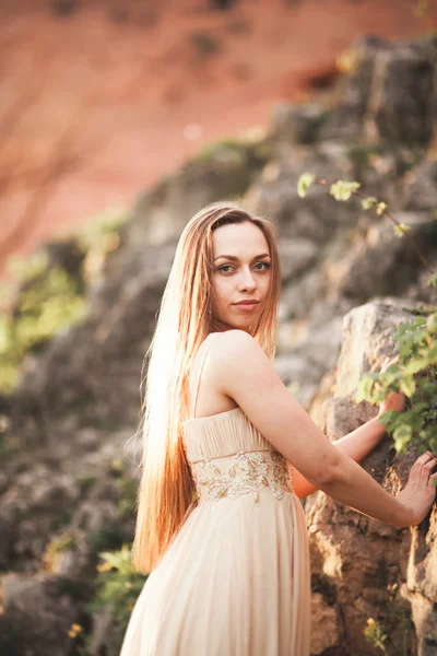 Attraktive junge Frau im langen Kleid steht auf den Felsen — Stockfoto