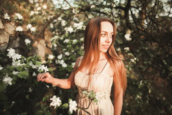 Joven chica hermosa en un vestido largo y corona de flores cerca de jardín arbusto lila —  Fotos de Stock