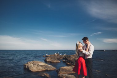 Deniz, mavi gökyüzü yakınındaki taş poz romantik sevgi dolu Çift