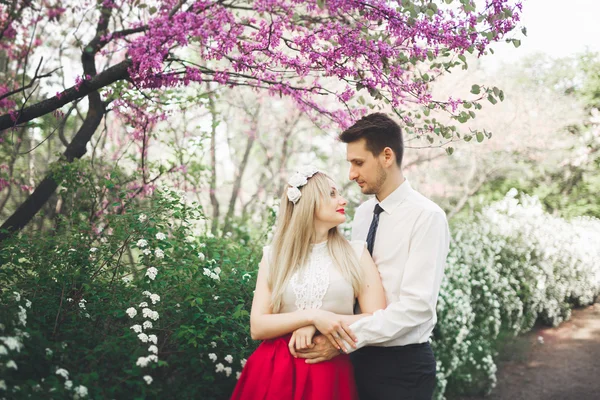 Elegante hermosa boda feliz pareja besando y abrazando en Jardín Botánico —  Fotos de Stock