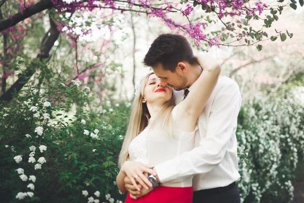 Elegante bella coppia di nozze felice baciare e abbracciare nel giardino botanico — Foto Stock