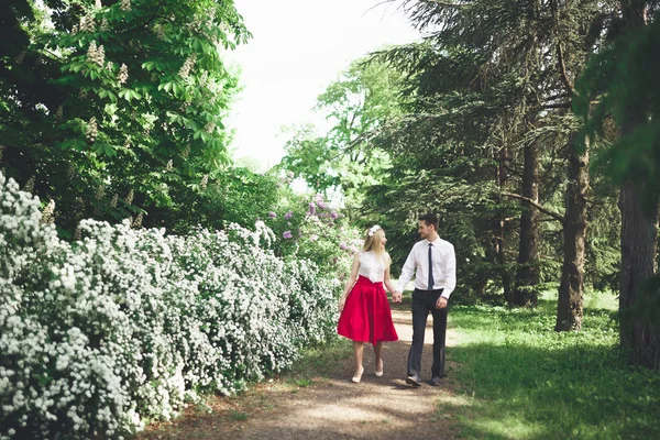 Elegante hermosa boda feliz pareja besando y abrazando en Jardín Botánico —  Fotos de Stock
