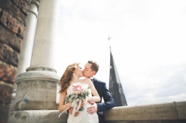 Muhteşem bir düğün çifti eski Lviv şehrinde yürüyor.