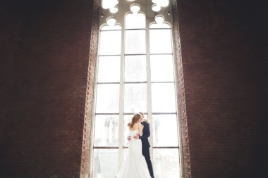 Muhteşem bir düğün çifti eski Lviv şehrinde yürüyor.