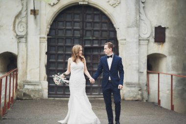 Mutlu düğün kaç sarılma ve birbirlerine arka plan eski kale üzerinde gülümseyen