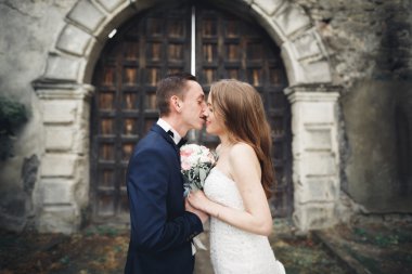 Mutlu düğün kaç sarılma ve birbirlerine arka plan eski kale üzerinde gülümseyen