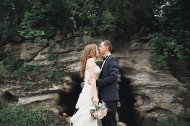 Mutlu düğün kaç sarılma ve birbirlerine arka plan güzel bitkiler kale üzerinde gülümseyen