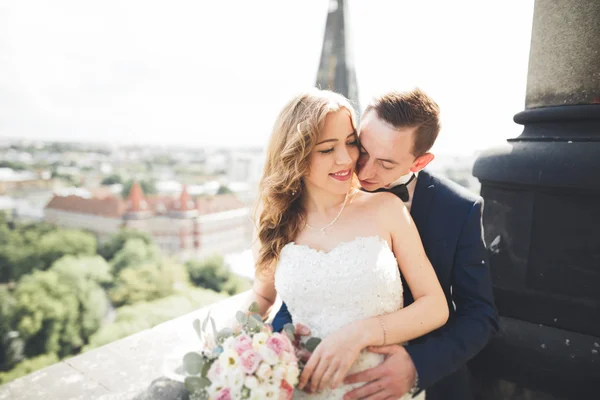 Elegante hermosa pareja de boda besándose y abrazándose en el fondo vista panorámica del casco antiguo — Foto de Stock