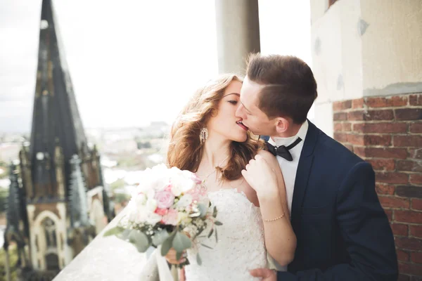 Stilvoll schönes Hochzeitspaar küsst und umarmt sich im Hintergrund Panoramablick auf die Altstadt — Stockfoto