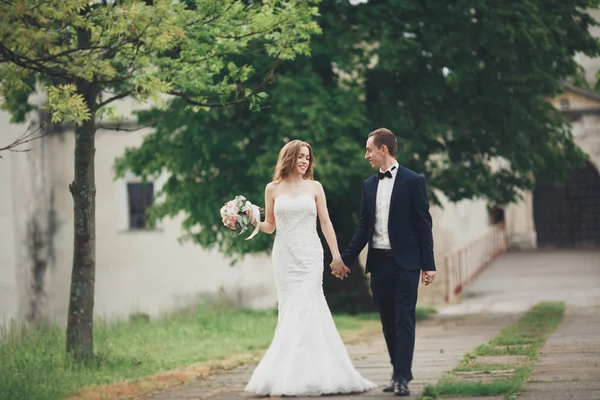 美丽的快乐时尚新婚夫妇在结婚当日与花束在公园散步的夫妇 — 图库照片