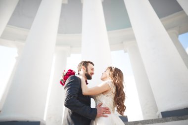 Güzel çift, gelin ve damat büyük beyaz sütun poz