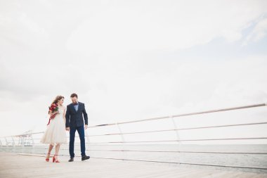 Gün batımında sahilde yürüyüş sadece evli evlilik çift.