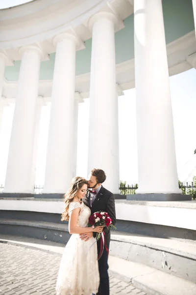 Bella coppia, sposa e sposo in posa vicino alla grande colonna bianca — Foto Stock