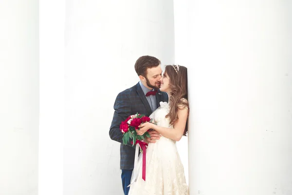 Красива пара, наречена і наречений позує біля великої білої колони — стокове фото