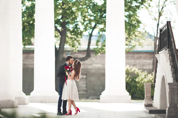 Hermosa pareja, novia y novio posando cerca de gran columna blanca — Foto de Stock