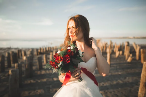 Bella signora, sposa in posa in un abito da sposa vicino al mare al tramonto — Foto Stock