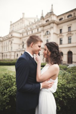 Güzel düğün çift, Gelin, damat öpüşme ve tiyatro arka planı sarılma