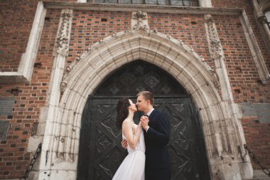 Muhteşem düğün çift, Gelin, damat yakınındaki eski kapısı bina poz