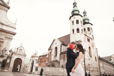 Gelin ve damat güzel kilise arka plan üzerinde. Güzel eski bina. Arch. düğün