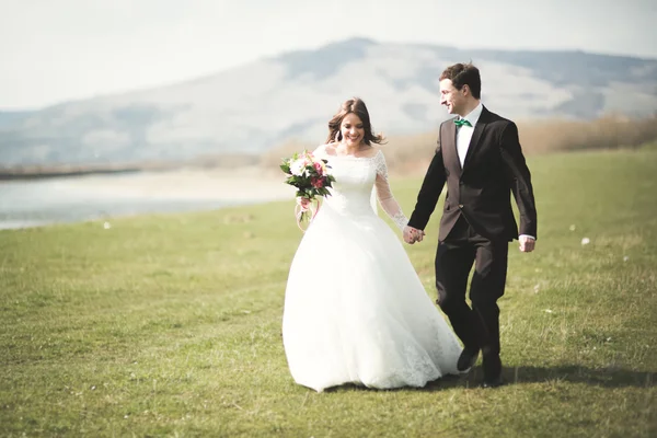 Bella coppia di nozze, sposa, sposo in posa e camminare in campo sullo sfondo di alte montagne — Foto Stock