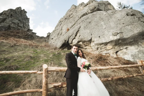 Щаслива весільна пара цілується і обіймається біля високої скелі — стокове фото