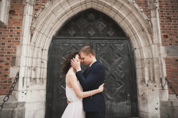 Superbe couple de mariage, mariée, marié posant près de l'ancien bâtiment de la porte — Photo