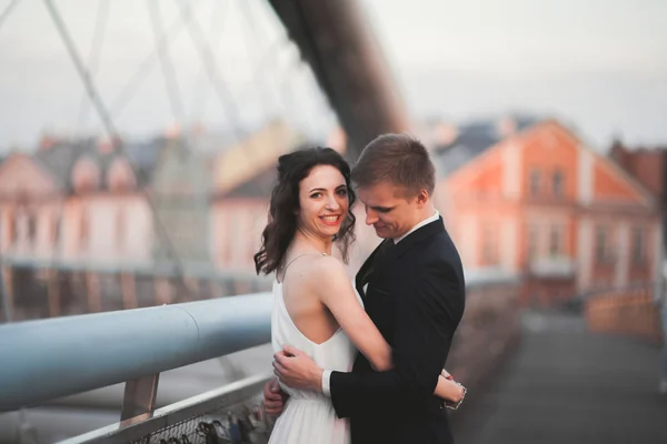 Pasangan pengantin yang cantik, pengantin pria dan wanita berpose di jembatan di Krakow — Stok Foto