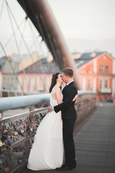 Nádherná svatební pár, nevěsta a ženich pózuje na mostě v Krakově — Stock fotografie