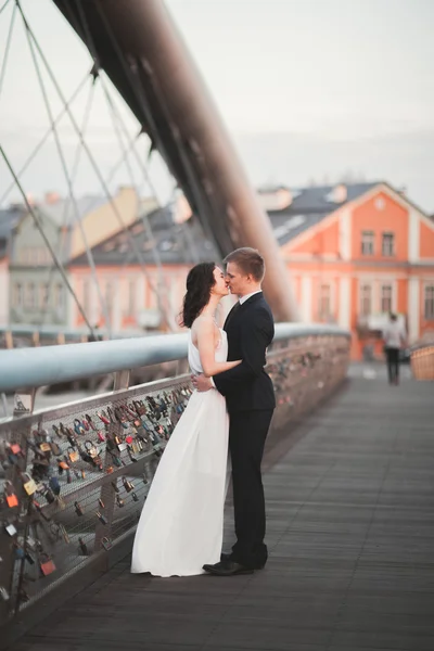 Pasangan pengantin yang cantik, pengantin pria dan wanita berpose di jembatan di Krakow — Stok Foto