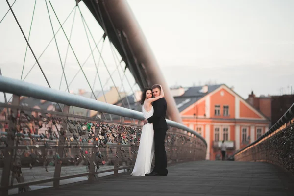 Prachtige bruidspaar, bruid en bruidegom poseren op brug in Krakau — Stockfoto