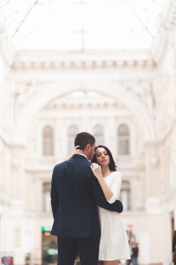 Güzel düğün çift, Gelin, damat öpüşme ve eski bina arka plan karşı sarılma