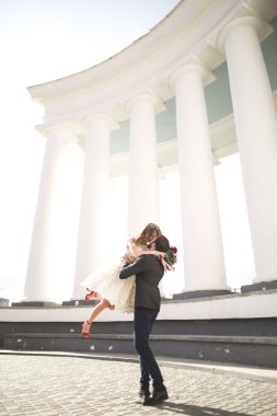 Güzel çift, gelin ve damat büyük beyaz sütun poz