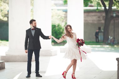 Güzel çift, gelin ve damat büyük beyaz sütun poz