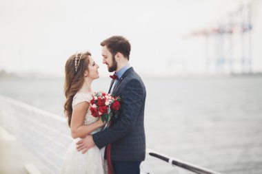 Gün batımında sahilde yürüyüş sadece evli evlilik çift.