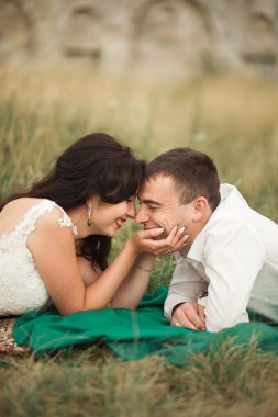 Mutlu evlilik çift yaz saati, yeşil çim üzerinde yalan