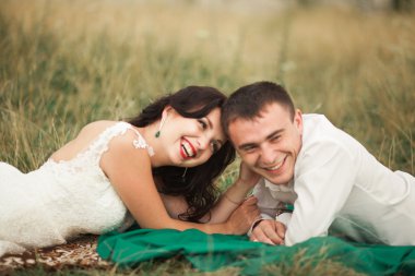 Mutlu evlilik çift yaz saati, yeşil çim üzerinde yalan