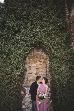 Sarılma ve öpüşme arka plan güzel bitkiler üzerinde lüks Düğün çifti mağara antik kale