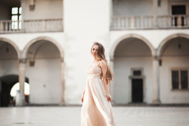 Güzel kız modeli sütunları yakınındaki eski kale poz uzun saçlı. Krakow Vavel