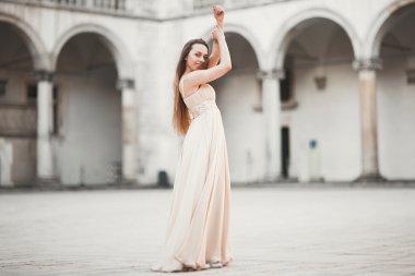 Güzel kız modeli sütunları yakınındaki eski kale poz uzun saçlı. Krakow Vavel