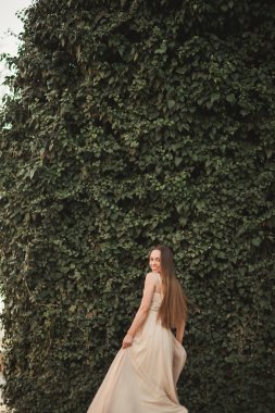 Güzel kız, yaprakları ve çalılar Park duvarının yakınında modeli