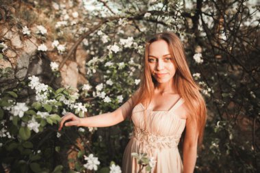 Genç güzel kız uzun elbise ve çelenk Çiçek Bahçe leylak bush yakınındaki