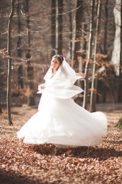 Buket tutarak ve orman poz şık elbiseli güzel gelin