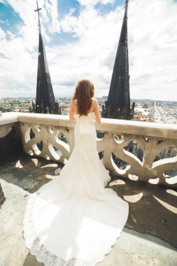 Muhteşem manzaralı balkonda güzel, lüks gelin.