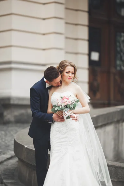 Весільна пара стоїть і цілується на вулицях старого міста — стокове фото